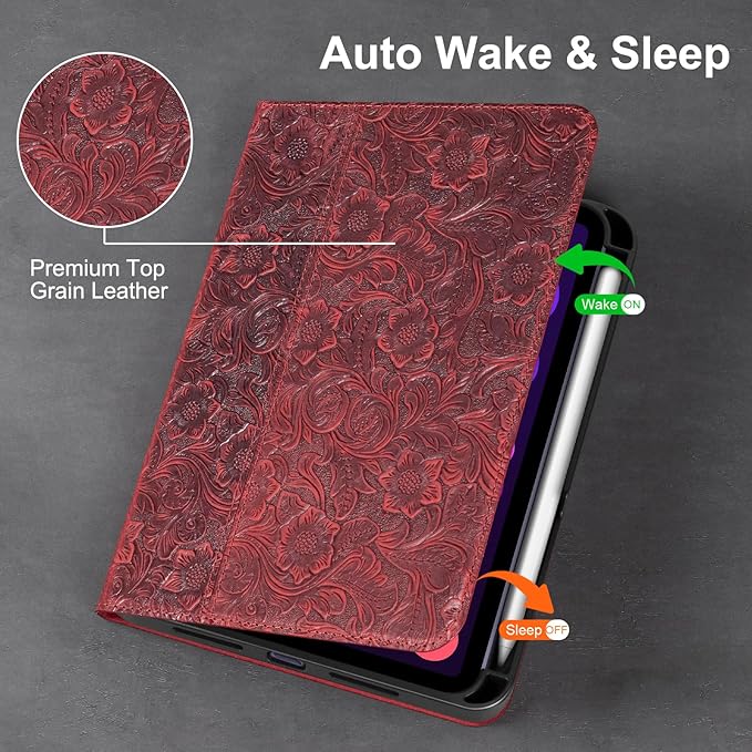 Gexmil Leather Case for iPad mini 7 (A17 Pro) 2024 / iPad mini 6 Generation 2021 8.3 Inch,Premium Cowhide Cover with Pencil Holder,Adjustable Stand, Auto Wake/Sleep,Floral Red