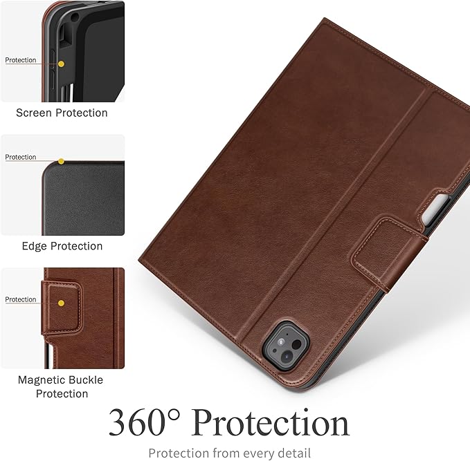auaua Case for iPad Pro 11 Inch (M5/M4) 2025/2024, with Pencil Holder and Pocket, Multiple Angles Viewing, Magnetic Closure, Auto Sleep/Wake (Brown)