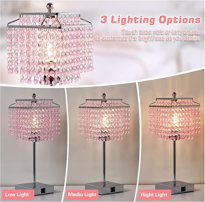 Luvkczc Crystal Touch Table Lamp, Bedside Lamp with USB C+A Ports, Pink Lamp, Dimmable Lamp with Crystal Shade, Nightstand Lamp for Girl Bedroom, Living Room, Bulb Included