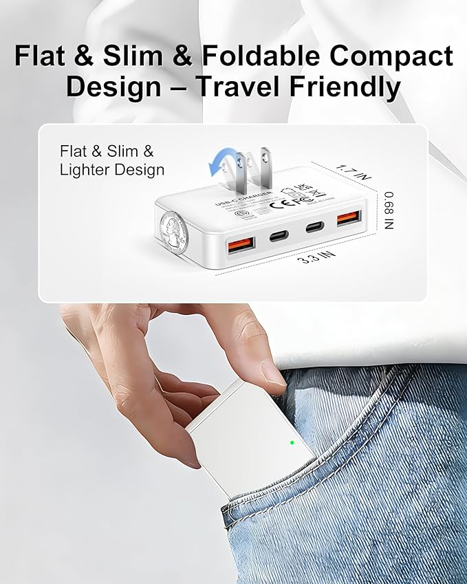 Flat USB Wall Charger 4 Ports Slim 35W USB-C/A Flodable Plug Fast Charging Block for iPhone 8/9/10/11/12/13/14/15 Multiport Power Charging Adapter for ipad and Galaxy Series S8-10 White