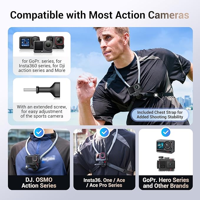 JJC Neck Mount for Action Camera, POV Neck Holder for Gopro 13/12/11, DJI OSMO Action 5 Pro/4, Insta360 X5/X4/Ace Pro, AKASO, Quick Release & Angles Adjustment for Content Creating Video Filming