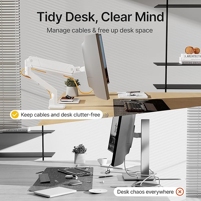 monTEK Single Monitor Arm for Max 45 Inch Ultrawide Screens Adjustable Monitor Desk Mount Holds 35 Lbs Cable Management with C Clamp/Grommet Desk Mount, VESA 75/100mm