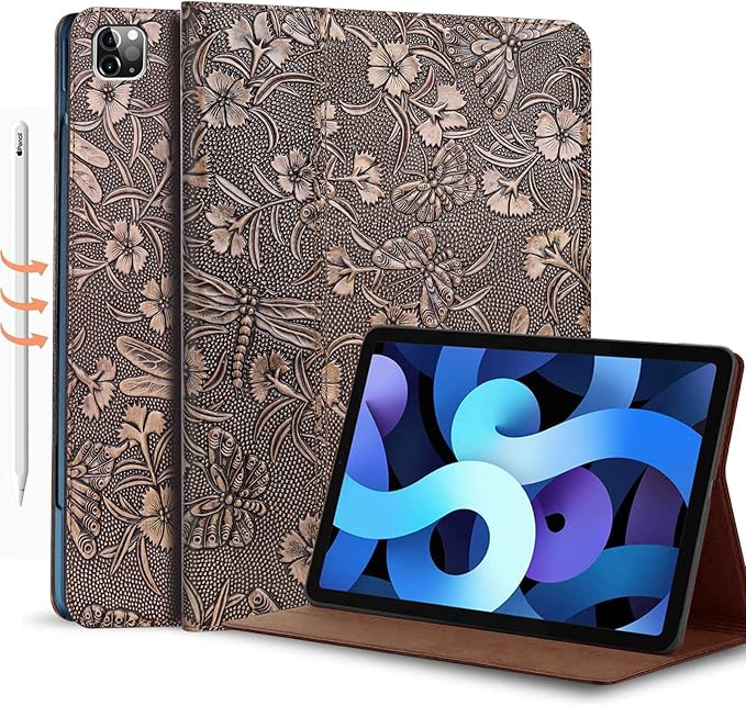Gexmil Case for iPad Pro 11 Inch,4th/3rd/2nd/1st Generation(2022/2021/2020/2018) Genuine Leather Cover Anti Fingerprint,Cowhide Folio Cover Auto Sleep/Wake with Adjustable Stand,Butterfly Pattern
