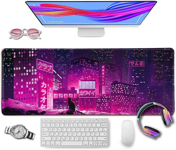 Gaming Laptop Mouse Pad,Sea Wave Big Mice Pads PC Keyboard Waterproof and Non-Slip 31.5" x 11.9" 0.12" Thick XL,XXL Rubber Table Mat, Purple Cyberpunk City Night View