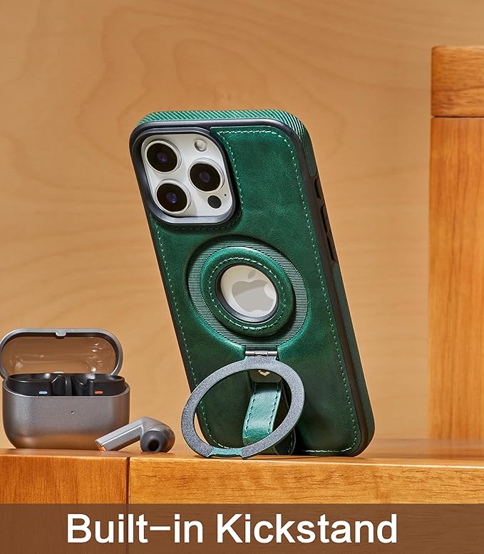 Butaiga for iPhone 14 Pro Leather Case with Stand, Anti-Slip Grip Ring, Fits for MagSafe (Green, iPhone 14 Pro)