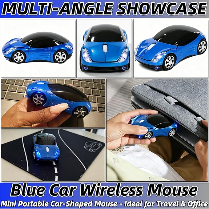 Blue Wireless Mouse，Mini Car Computer Mouse，1600DPI 2.4G with USB Receiver, Ergonomic Cute Computer Mice for Laptop, PC, Windows, Mac OS (Blue)
