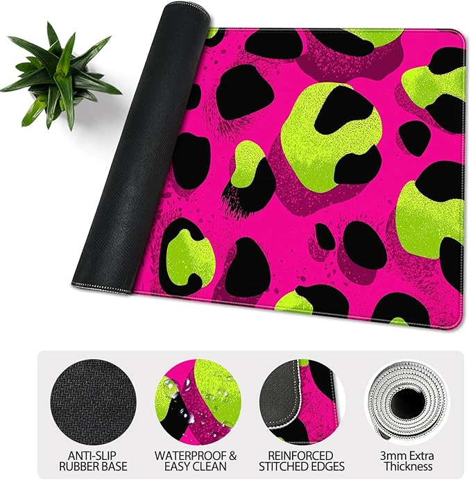 35.4 x 15.7 in, XXL Large Mouse Pad for Desk, Extended Keyboard Mouse Mat for Computer Office, Big Mouse pad with Stitched Edges, Gaming Pc-Leopard Print Pink Green