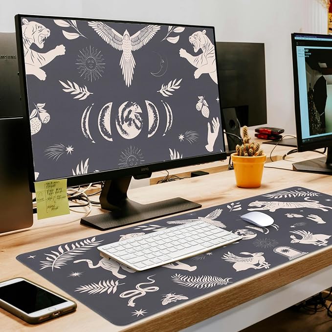 L-SPOUTTO Black Mystical Desk Mat for Keyboard and Mouse,Astrology XXL Gaming Mouse Pad,Large 35.4x15.7in Non-Slip Rubber Base Keyboard Pad Desktop Mat for Laptop Computer Work Home Office-Wild Animal