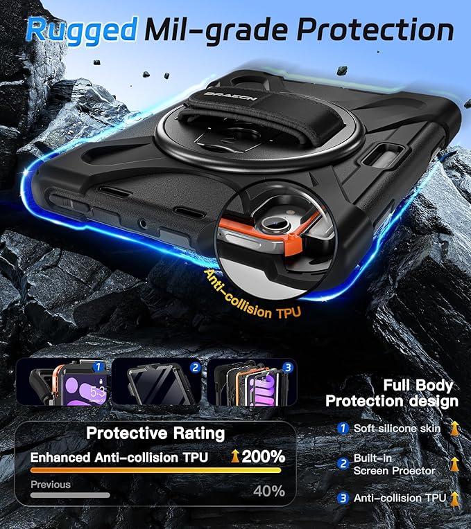 BRAECNstock Case for Apple iPad mini 7 (A17 Pro) 2024/ Mini 6 2021 8.3", Rugged Protective with Screen Protector, Pencil Holder, Rotating Hand Strap & Stand, iPad mini 7th/6th Gen Case Kids, Black