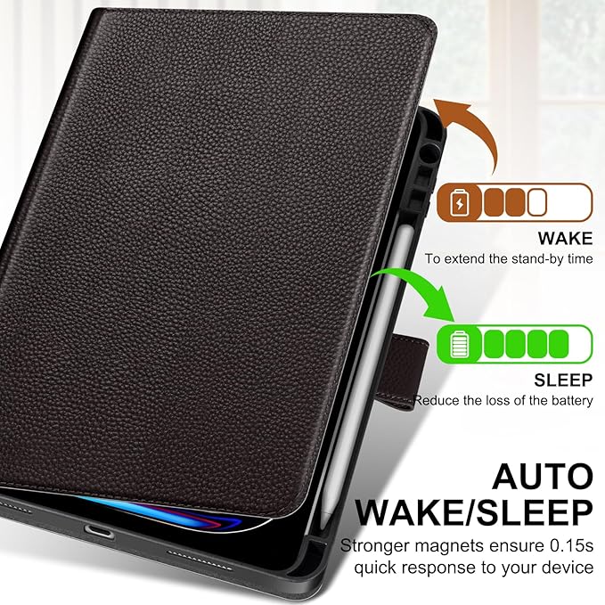 Genuine Leather Case for iPad Pro 11 inch Case (M5) 2025 / (M4) 2024 | with Pencil Holder and Adjustable Stand, Magnetic Closure, Auto Wake/Sleep Cover | Dark Brown