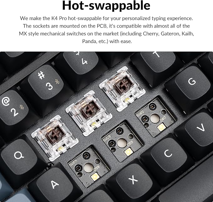Keychron K4 Pro 96% Custom Wireless Mechanical Keyboard with Hot-Swappable K Pro Brown Switch, QMK/VIA Programmable Macro Bluetooth/Wired Keyboard White LED Backlit for Mac Windows Linux - Black