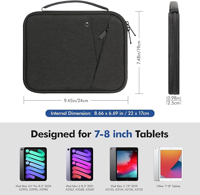 MoKo 7-8 Inch Tablet Sleeve Carrying Case with Handle, Padded Protective Travel Bag for iPad Mini A17 Pro/6th 8.3'', iPad Mini 5/4/3/2th 7.9", Black & Gray
