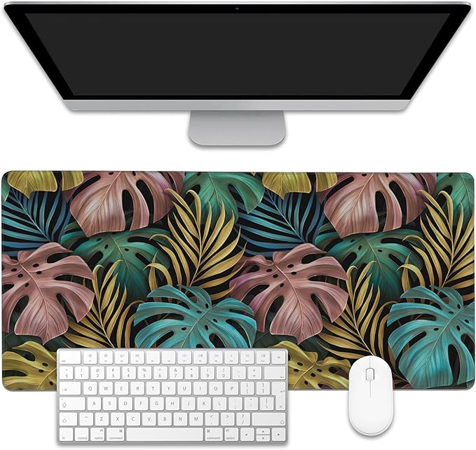 Colorful Tropical Palm Leaves Large Gaming Mouse Pad,Waterproof Desk Mat for Desktop,Non-Slip Rubber Base Mousepad with Stitched Edges for Laptop Office and Home 35.4X15.7 Inch