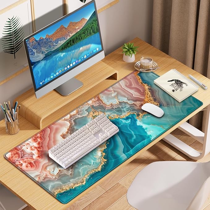 Desk Mat, Large Gaming Mouse Pad XXL 35.4×15.7in, Extended Computer Keyboard Mouse Mat Desk Pad for Laptop with Stitched Edges, Waterproof Mousepad for Gamer Home&Office Women