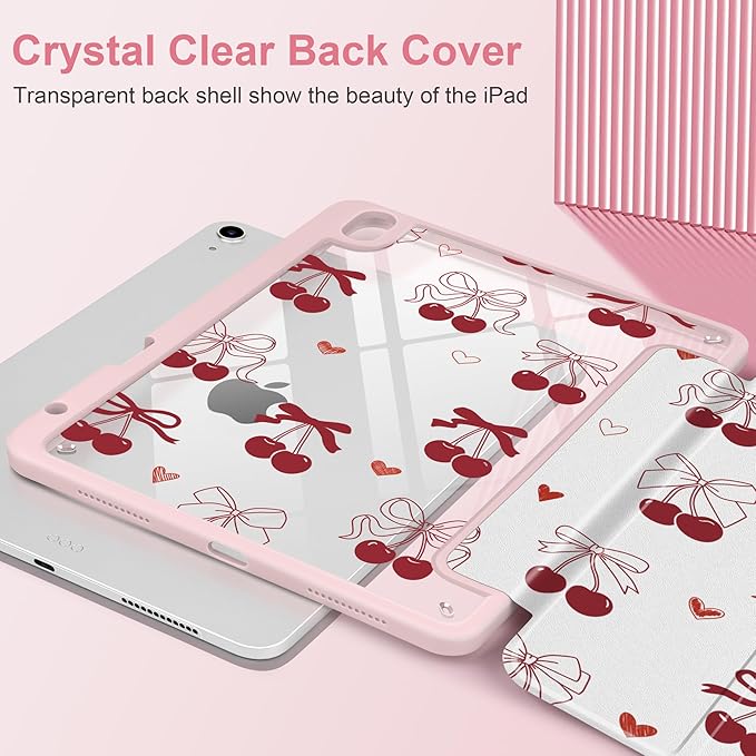 Case for iPad Air 11 inch M4 2026 M3 2025 2024 Release with Pencil Holder - Aesthetic Cute Preppy Design Trifold Cover with Soft TPU Bumper Clear Back Auto Sleep/Wake for Girls Women, Cherry
