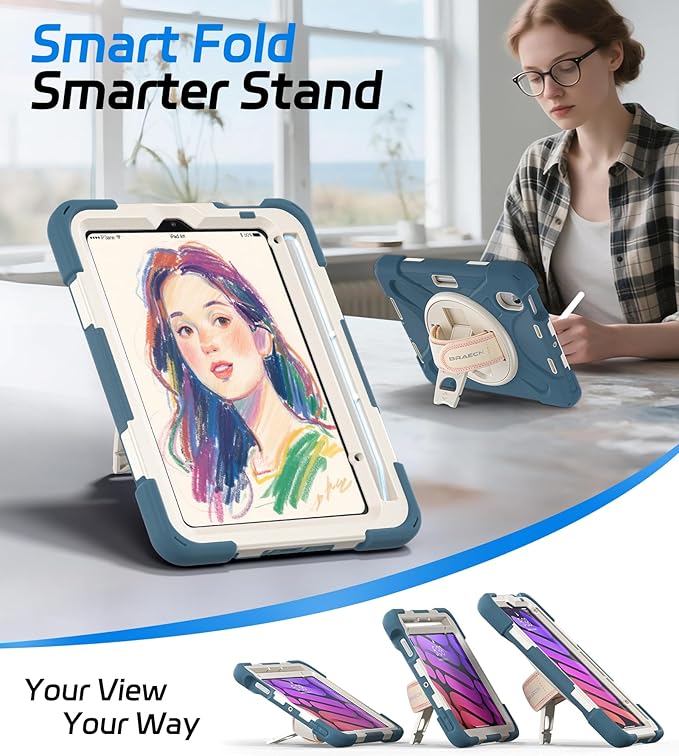 BRAECNstock for Apple iPad mini 7 (A17) Pro/Mini 6 Case 2024/2021 8.3", Rugged Protective iPad mini 7th/6th Gen Case with Screen Protector, Pencil Holder, Rotating Hand Strap + Stand, Cornflower Blue