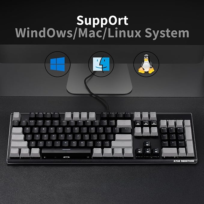 Hexgears GK735 Full-Size Mechanical Gaming Keyboard, Surround Side Light Strip+Backlit Keyboard with Linear Switch, Anti-Ghosting, Double-Shot PBT Keycaps, Compatible with Windows, macOS (Gray-Black)