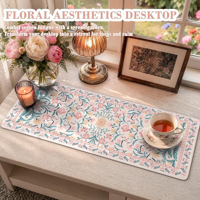 iCasso Aesthetic Floral Desk Mat, L Mouse Pads, Anti-Slip Mousepad with Stitched Edges, Waterproof Computer Pad 11.8"x31.5", Desk Accessories Office Decor for Women(Pink Floral)