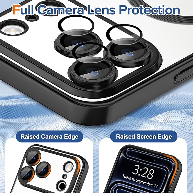 Hython Magnetic Clear for iPhone 17 Pro Case with Camera Lens Protector [Compatible with MagSafe] Luxury Plating Edge Slim Soft TPU Cover Protective Phone Case for iPhone 17 Pro 6.3", Matte Black