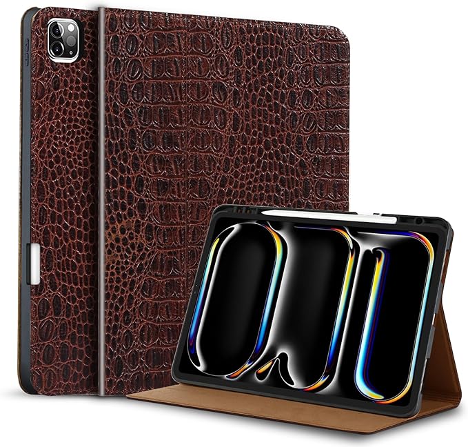 Gexmil Genuine Leather Case for iPad Pro 13 Inch (M5/M4) 2025/2024 with Pencil Holder,Protective Shockproof Smart Leather Folio Cover Adjustable Stand Auto Sleep/Wake Anti-Slip,Brown Crocodile