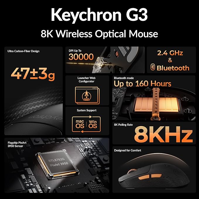 Keychron G3 8K Carbon Fiber Wireless Gaming Mouse, 30000 DPI - PAW 3950 Sensor, 47±3g Ultra-Lightweight, Wired/BT/2.4GHz, 160Hr Battery Life, 5 Programmable Buttons, Windows/Mac/Linux - Black