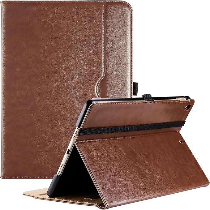 ProCase for iPad 9th/ 8th/ 7th Generation Case 10.2 Inch 2021/2020/2019, iPad 10.2 PU Leather Case Business Stand Cover Smart Folio with Hand Strap Front Pocket Pen Loop -Brown