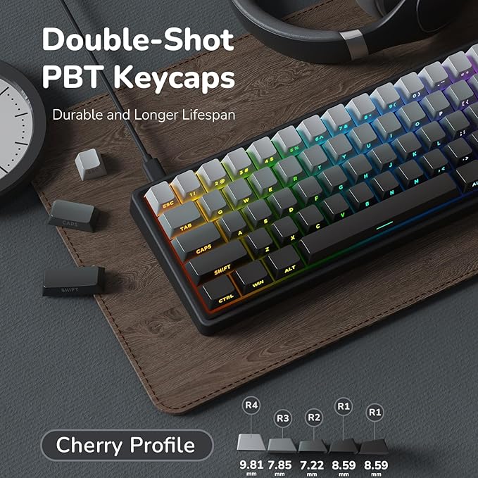 RK ROYAL KLUDGE R65 Wired Gaming Keyboard with Volume Knob, 60% Percent RGB Backlit Mechanical Keyboard, Side Printed PBT Keycaps, QMK/VIA, 66 Keys Hot Swappable Beige Switch, Gradient Black