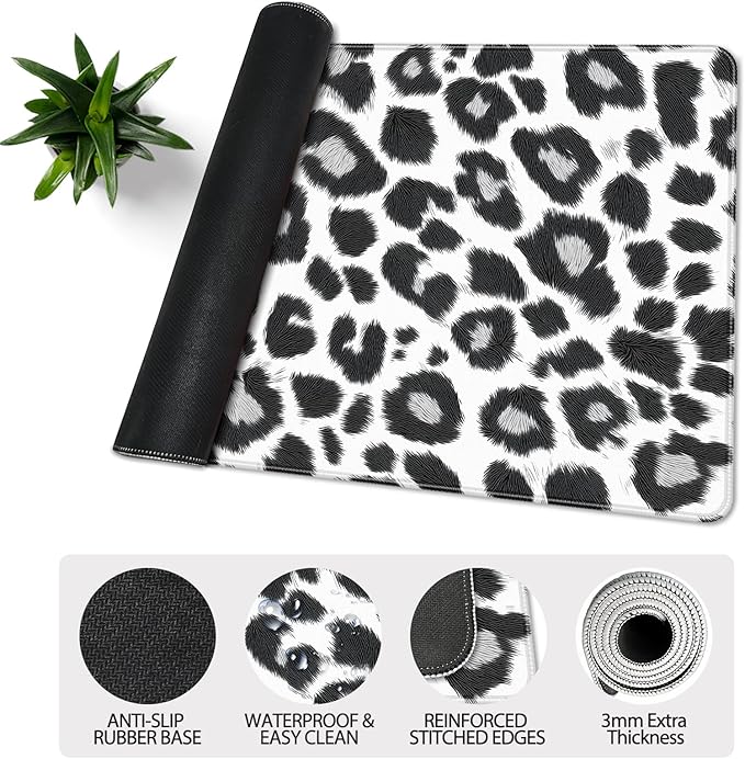 35.4 x 15.7 in, XXL Large Mouse Pad for Desk, Extended Keyboard Mouse Mat for Computer Office, Big Mouse pad with Stitched Edges, Gaming Pc-Black and White Leopard Print