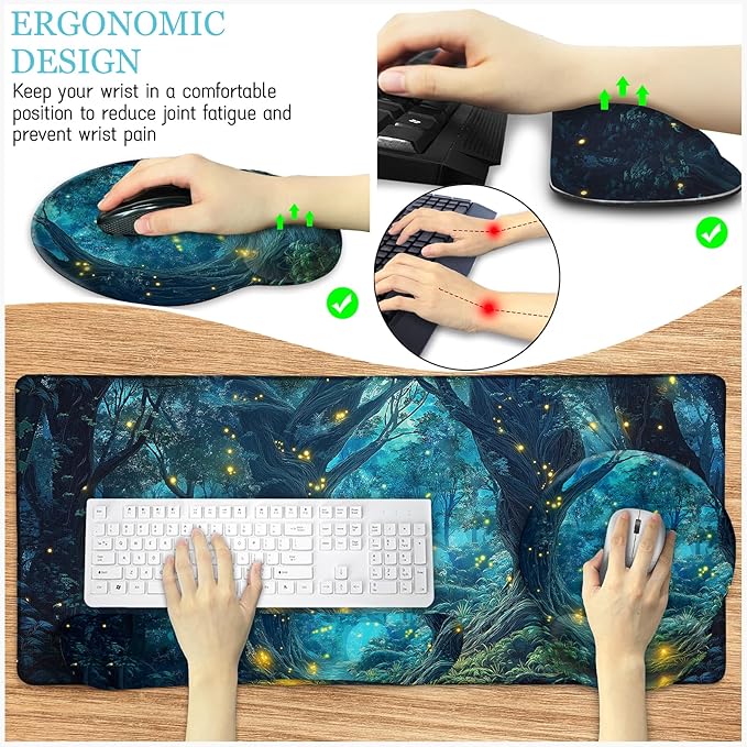 LIMKRIAN Ergonomic Mouse Pad Set Large Desk Matt for Desktop, Gaming Mouse Pad Wrist Rest Keyboard Mat Cup Coaster Set Cute Office Desk Decor Accessories for Women, Firefly Forest