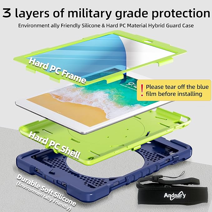 Andnary Case for iPad 6th/5th Generation 9.7 inch 2018/2017 Case, iPad Air 2/Pro 9.7 inch Heavy Duty Protective Cover with 360° Rotate Handle Stand, Pencil Holder, Shoulder Strap (Navy+Green)