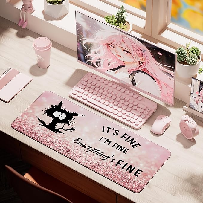 Desk Mat,Large Mouse Pad 35''×15.6'' XXL Extended Gaming Mouse Pad Mat with Non-Slip Base Stitched Eges Mousepad for Computer,Office,Keyboard and Laptop - Pink Cat