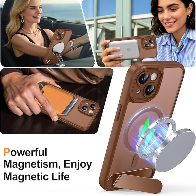 Magnetic Compatible with iPhone 15 Case, [Built-in Invisible Kickstand][Compatible with MagSafe][Full Camera Protection] Translucent Matte Phone Case for iPhone 15 6.1" Brown