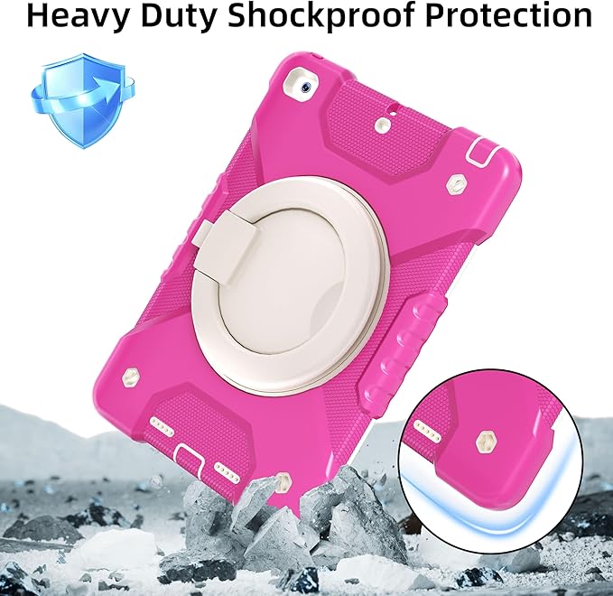 Andnary Case for iPad 6th/5th Generation 9.7 inch 2018/2017 Case, iPad Air 2/Pro 9.7 inch Heavy Duty Protective Cover with 360° Rotate Handle Stand, Pencil Holder, Shoulder Strap (Rose Red+White)