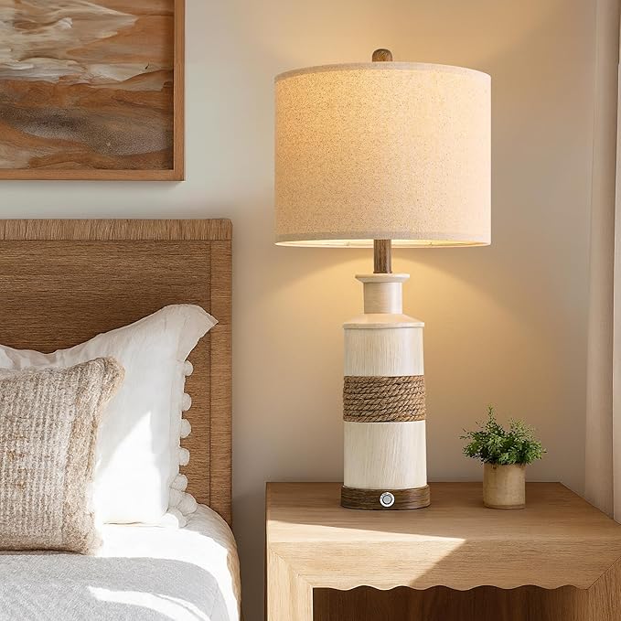 BOBOMOMO 24.5" Farmhouse Boho Table Lamps Set of 2, Hand-Woven Rattan Bedside Lamps with 3-Way Dimmable Touch Control & USB A+C Ports, Nightstand Lamp for Bedroom, Living Room, Corner (Bulbs Included)