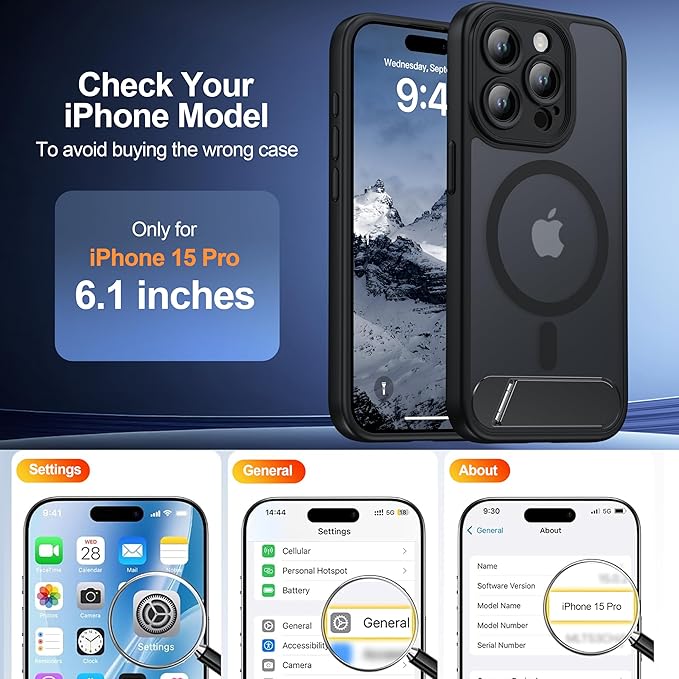 Magnetic Compatible with iPhone 15 Pro Case, [Built-in Kickstand][Full Camera Protection][Compatible with MagSafe][Anti-Fingerprint] Shockproof Phone Case for iPhone 15 Pro 6.1",Black