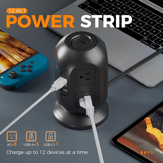 Tower Surge Protector Power Strip 10 ft, Long Flat Extension Cord with Multiple Outlets, 8 AC Outlets with 4 USB Ports (1 USB C), Charging Station with Surge Protection, for Home Office Dorm, Black