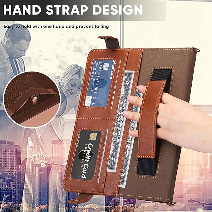 Handbag Case for iPad (A16) 11" 2025 & iPad 10th Gen 10.9", Techcircle Folio Stand PU Leather Multi-Card Slots Envelope Pocket Wallet Cover with Hand Strap+Shoulder Strap+Pen Holder, Coffee