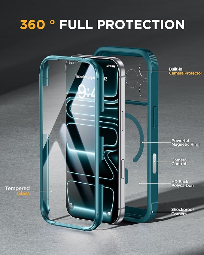 Miracase Magnetic for iPhone 17 Pro Case 6.3" [Compatible with MagSafe] Full-Body Phone Case with Built-in Glass Screen Protector & Camera Control,Drop Proof iPhone 17 Pro Cover, Green