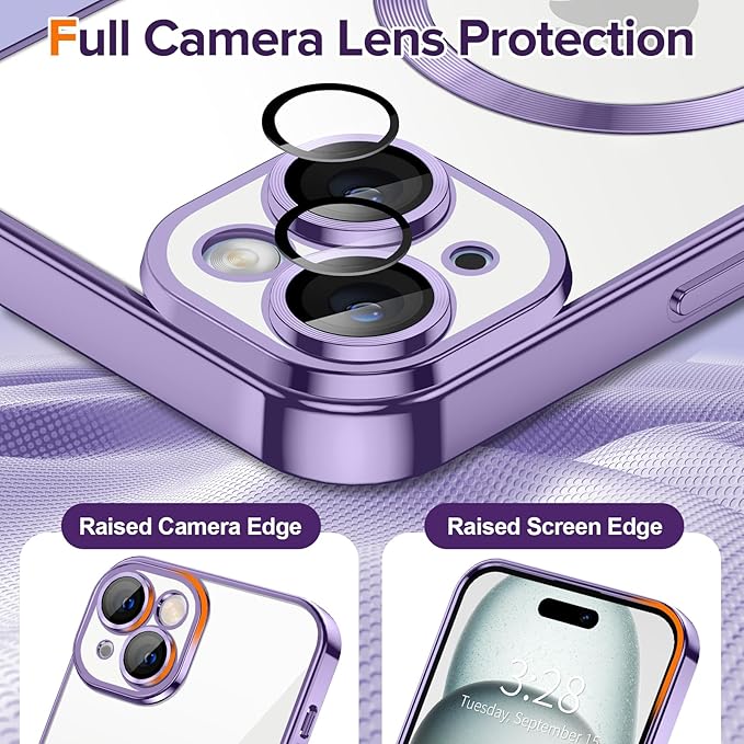 Hython Magnetic Clear for iPhone 15 Plus Case with Camera Lens Protector [Compatible with MagSafe] Luxury Plating Edge Slim Soft TPU Cover Protective Phone Case for iPhone 15 Plus 6.7", Light Purple