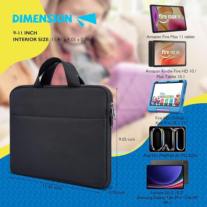 9-11 Inch Tablet Sleeve Carrying Case for Amazon Fire Max 11/10.1" Fire HD 10 Plus Kids Pro, iPad Pro M5 M4/Air M4 M3 M2 11" 2026/ iPad A16 11"/Samsung Galaxy S9 S8 A9+ A8 Protective Bag, Black