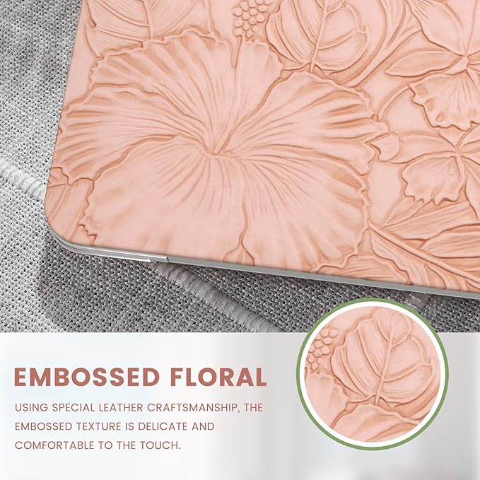 iCasso Compatible with MacBook Air 13 inch Case 2020 2019 2018 Release A1932 A2179 M1 A2337, Texture Leather Plastic Hard Shell Case + Keyboard Cover + Screen Protector, Pink Embossed Floral