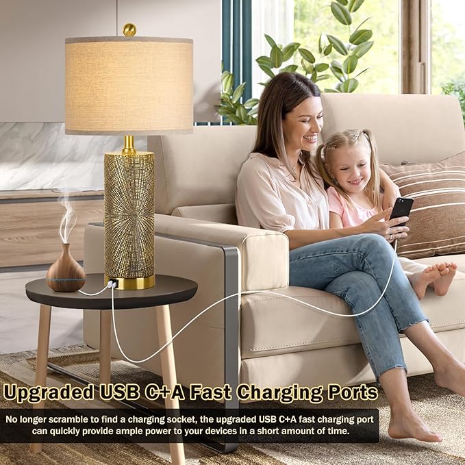 27" Gold Vintage Table Lamps Set of 2 with USB A+C Fast Charging Ports, Modern Farmhouse Bedside Nightstand Lamps for Bedroom with Beige Linen Shade, Rustic End Table Lamps for Living Room Office