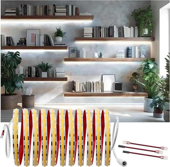 V4light COB LED Strip Light, Cool White (5000K), 12V Tape Light, CRI 95+, 3W/FT High Density, Dotless, Cuttable, UL Listed, Gold-Plated PCB for Bedroom, Kitchen, Cabinets (No Power Supply)