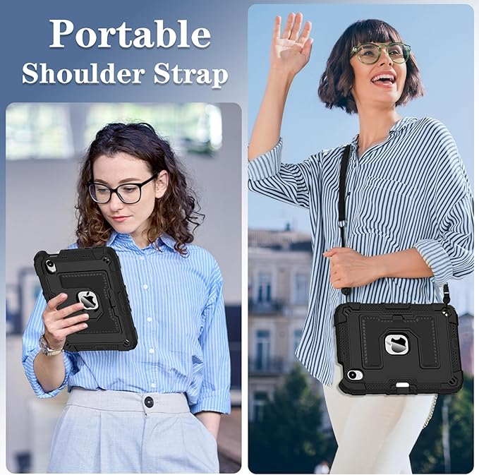 Kids Friendly Case for Apple iPad mini 7 A17 Pro 2024/iPad Mini 6 2021 8.3 Inch 7th/6th Gen Case with Pencil Holder & Shoulder Strap, Shockproof Kickstand Hard Shell Protective Cover,Black