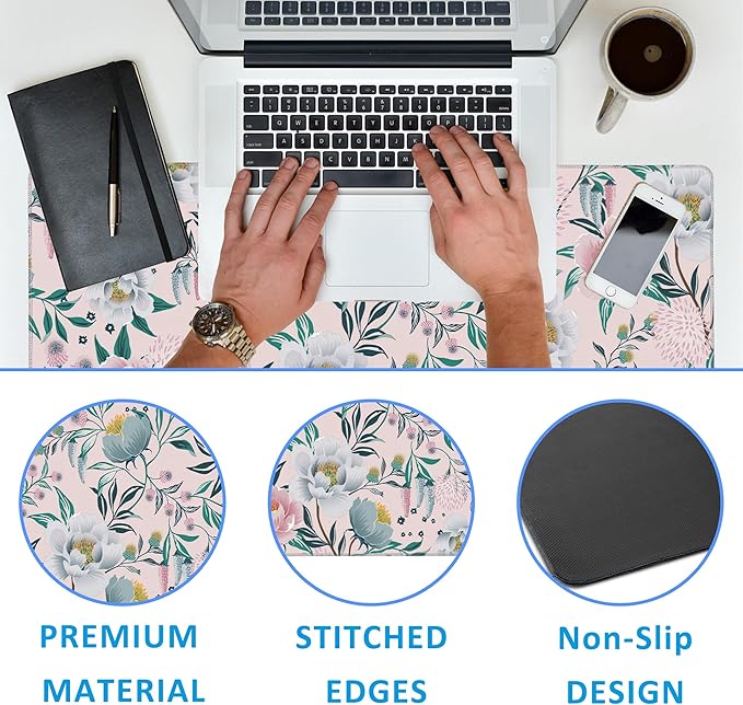 Floral Desk Mat,Large Gaming Mouse Pad,Non-Slip Rubber Base Desk Pad with Stitched Edges for Desk Office Home Decor 35.4X15.7 Inch