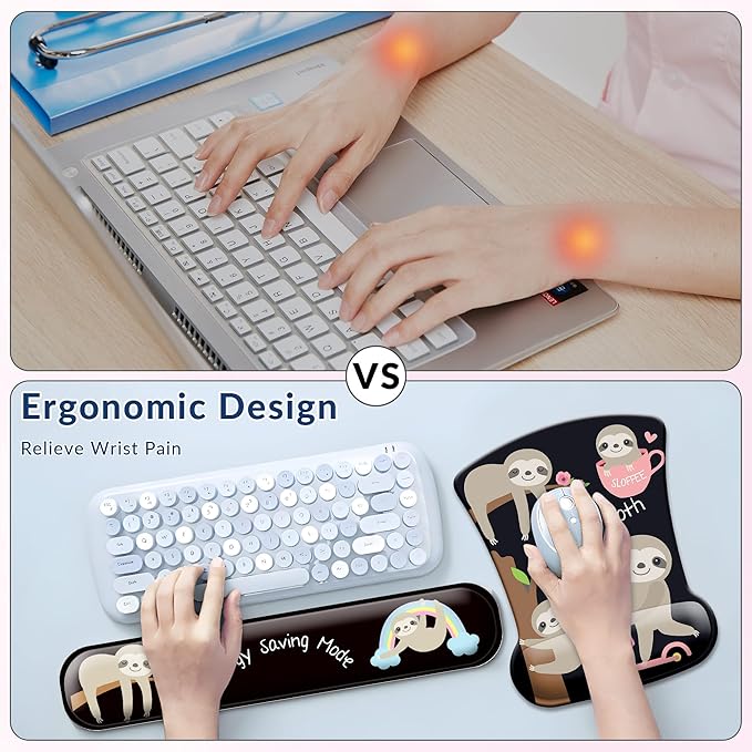 Desk Mat Set + Keyboard and Mouse Pad with Wrist Rest Support,4-in-1 Large Mousepad Computer Mats for Desktop Home & Office -Sloths