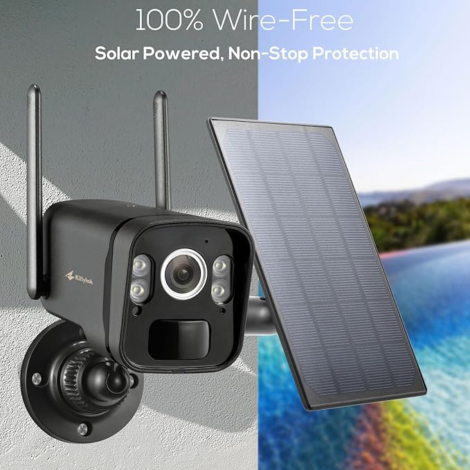 Kittyhok 2K Solar Security Camera Outdoor, 4MP Black FHD Wireless Security Camera, Solar Powered, Forever Power, Smart Detection, Night Vision, Spotlight, Weatherproof for Home Surveillance