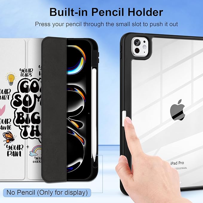 Case for iPad Pro 13 inch (M5) 2025 (M4) 2024 Release with Pencil Holder -Creative Inspiring Design Trifold Cover with Soft TPU Bumper Clear Back Auto Sleep/Wake for Students, Creative slogans