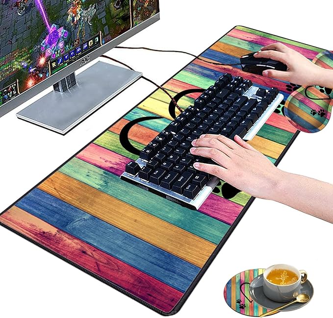 3 Piece Mouse Pad Set with Stitched Edge Large Anti-Slip Mouse Pad Desk Pad Keyboard Pad + Wrist Rest Pad + Coaster, Memory Foam Wrist Rest for Office/Home - Rustic Rainbow Woodgrain Dog Paw