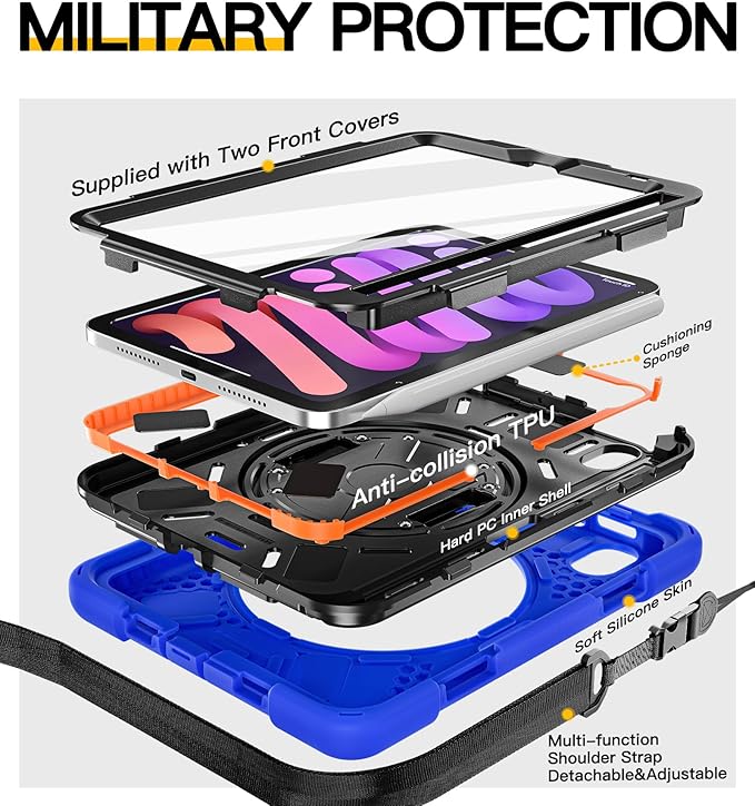 BRAECN for iPad mini 7(A17 Pro)/ 6 case 2024/2021 8.3 inch Heavy Duty Shockproof Protective with Pencil Holder Screen Protector 360°Rotating Stand Handle Full Body Cover Shoulder Strap Kids Friendly